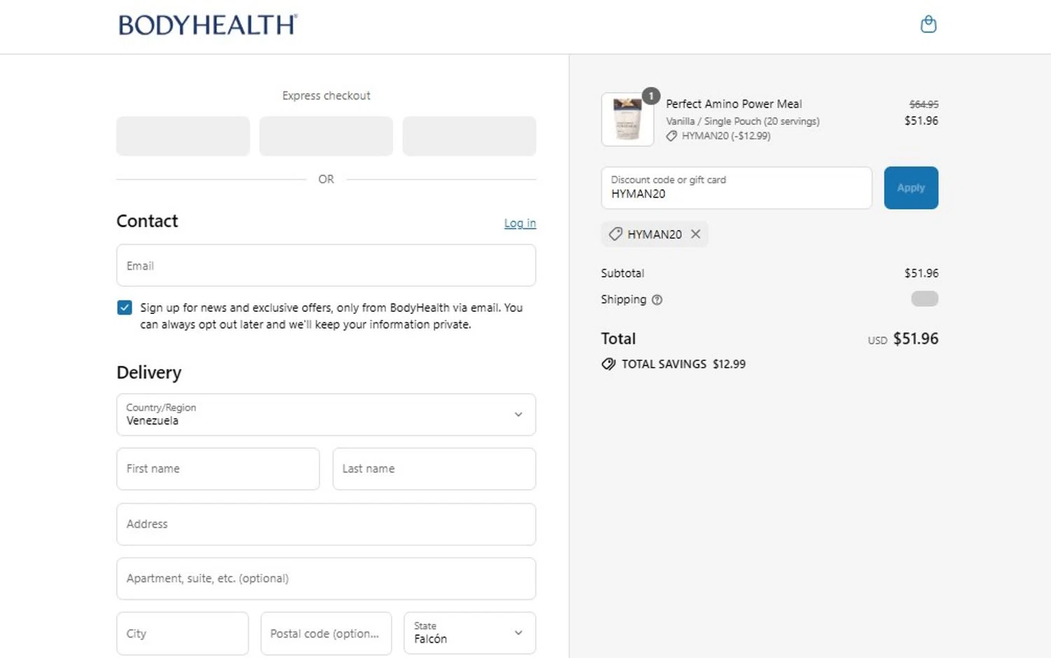 BodyHealth.com discount code screenshot showing code HYMAN20 applied at BodyHealth.com checkout page. Uploaded by SimplyCodes community member VictoriousSpotter2855 on Aug 12, 2025