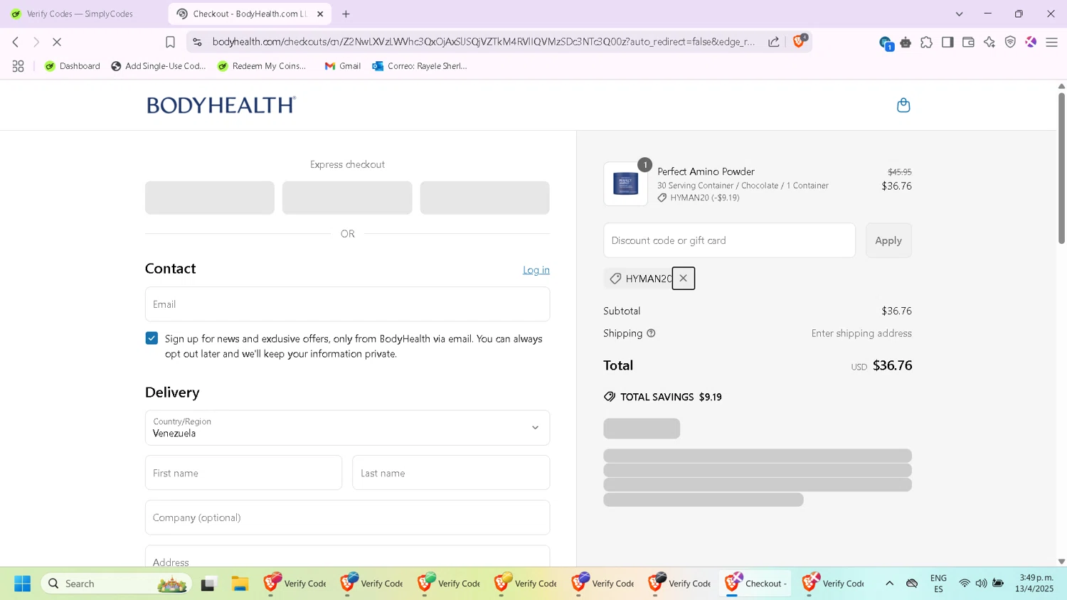 BodyHealth.com discount code screenshot showing code HYMAN20 applied at BodyHealth.com checkout page. Uploaded by SimplyCodes community member CleverKnight6759 on Apr 13, 2025
