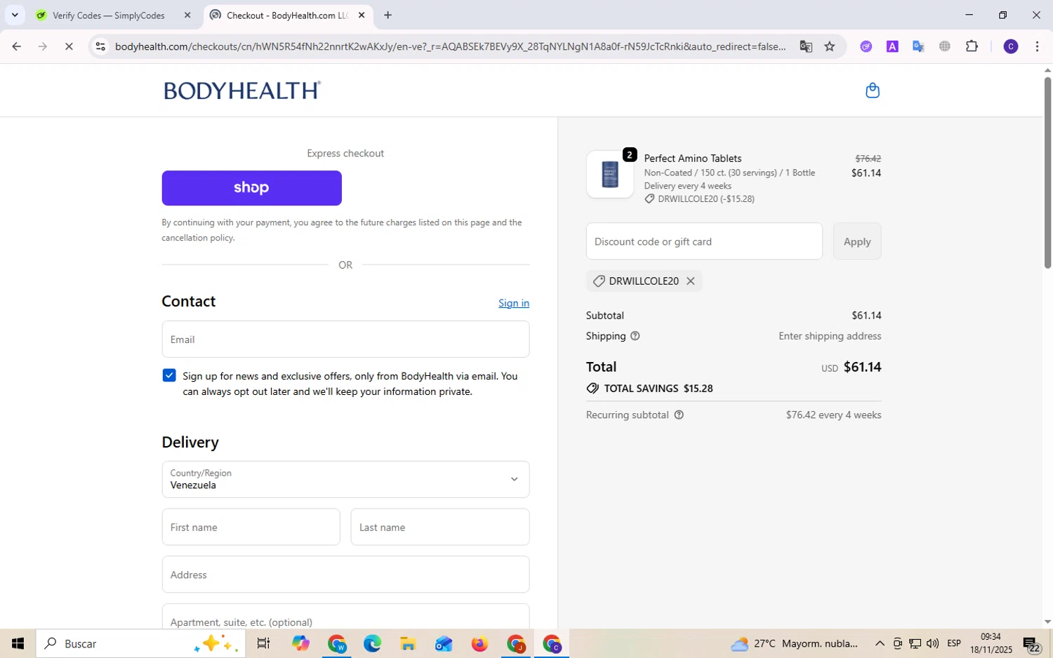 BodyHealth.com discount code screenshot showing code DRWILLCOLE20 applied at BodyHealth.com checkout page. Uploaded by SimplyCodes community member Elvistrofia on Nov 18, 2025