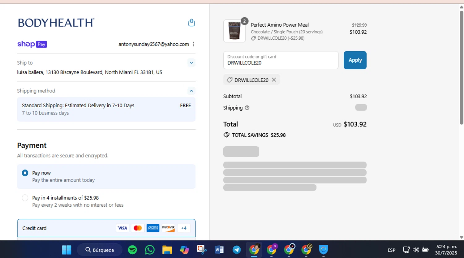 BodyHealth.com discount code screenshot showing code DRWILLCOLE20 applied at BodyHealth.com checkout page. Uploaded by SimplyCodes community member luisaballera on Jul 30, 2025