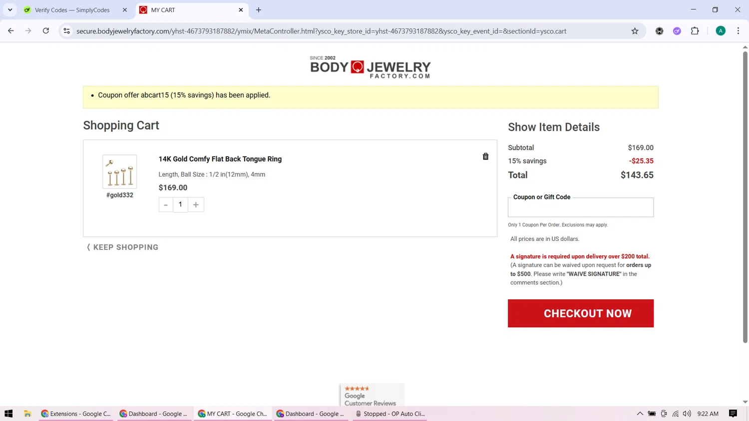 Body Jewerly Factory promo code screenshot showing code ABCART15 applied at Body Jewerly Factory checkout page. Uploaded by SimplyCodes community member ShieldHunter3846 on Aug 27, 2025