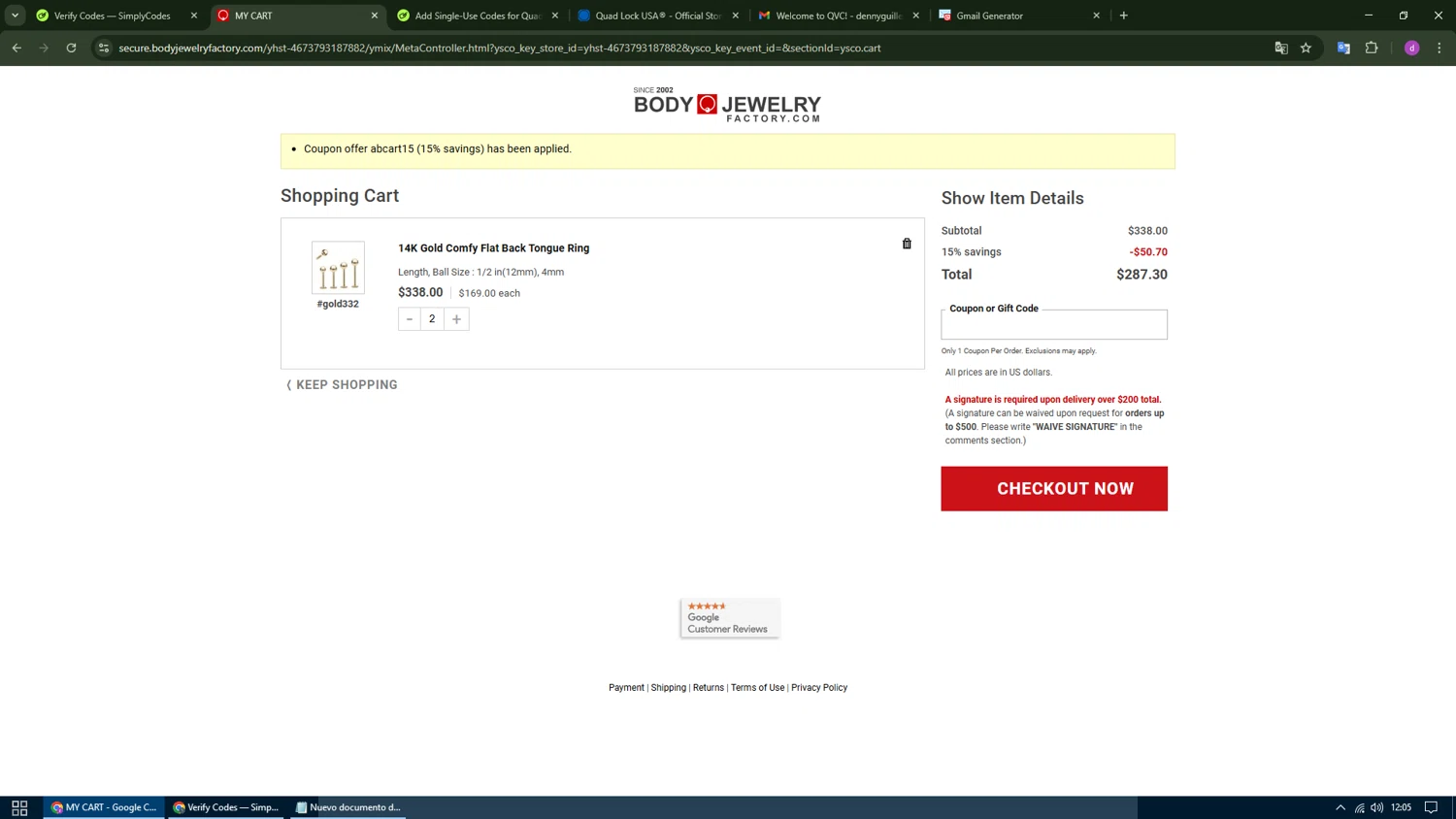 Body Jewerly Factory promo code screenshot showing code ABCART15 applied at Body Jewerly Factory checkout page. Uploaded by SimplyCodes community member SwiftFox1285 on Feb 8, 2025