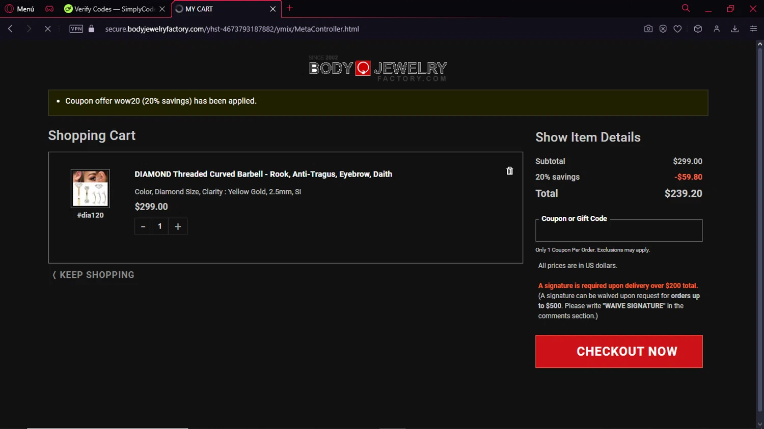Body Jewerly Factory promo code screenshot showing code WOW20 applied at Body Jewerly Factory checkout page. Uploaded by SimplyCodes community member Formama on Feb 8, 2025