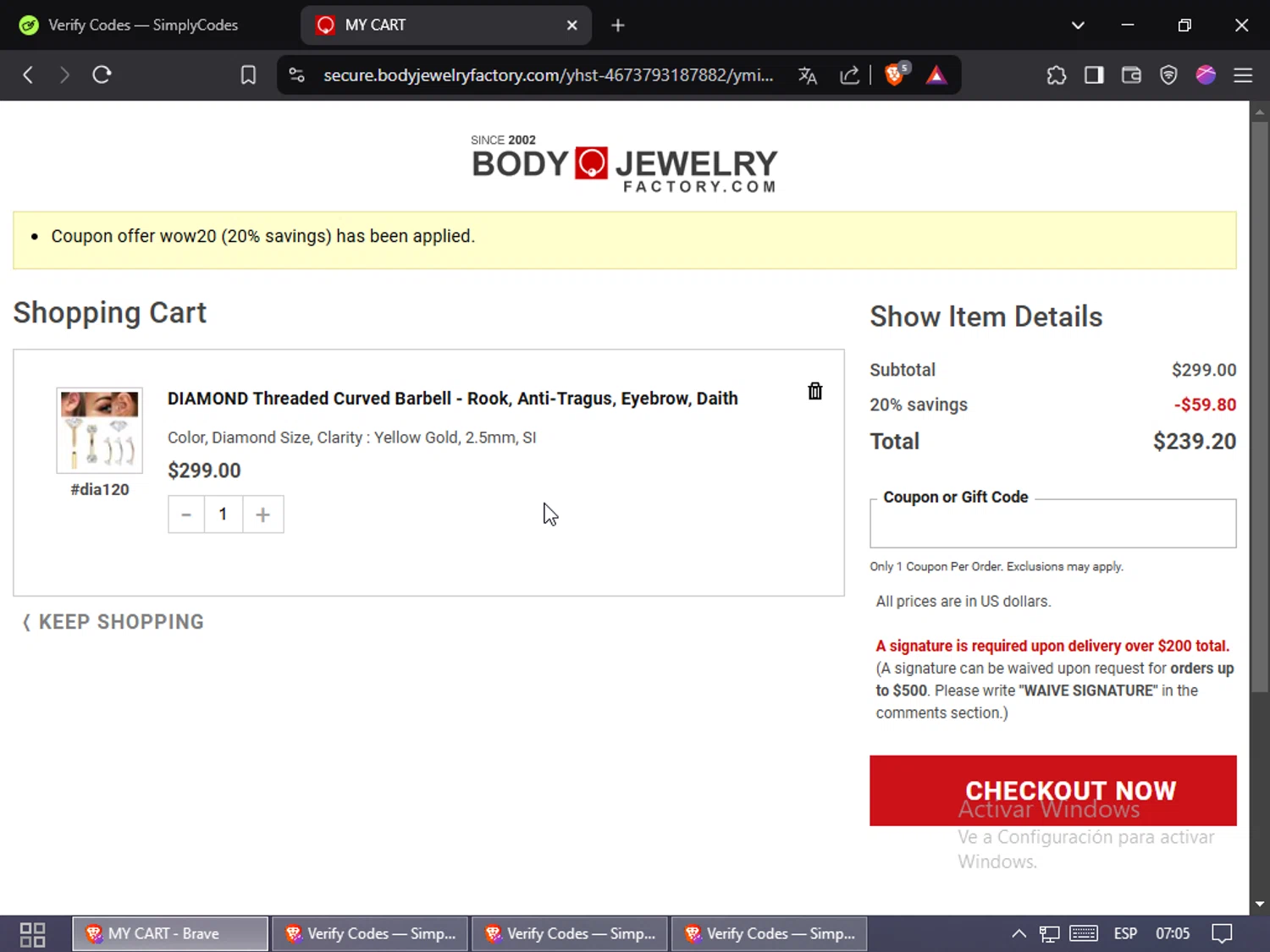 Body Jewerly Factory promo code screenshot showing code WOW20 applied at Body Jewerly Factory checkout page. Uploaded by SimplyCodes community member Jsjsjsjsjsjsjs on Feb 8, 2025