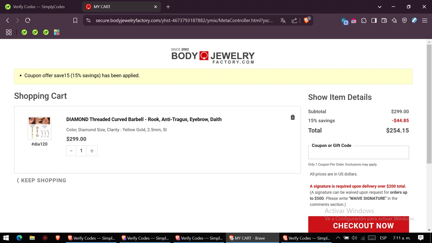 Body Jewerly Factory promo code screenshot showing code Save15 applied at Body Jewerly Factory checkout page. Uploaded by SimplyCodes community member VictoriousSaver2809 on Feb 8, 2025