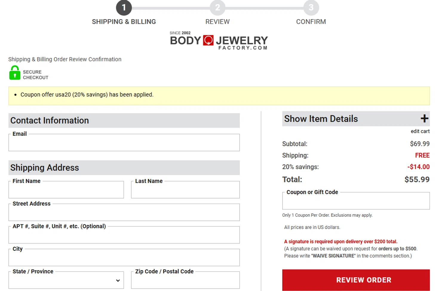 Body Jewerly Factory checkout page showing Body Jewerly Factory promo code box | Screenshot taken by SimplyCodes community member on Jul 4, 2025