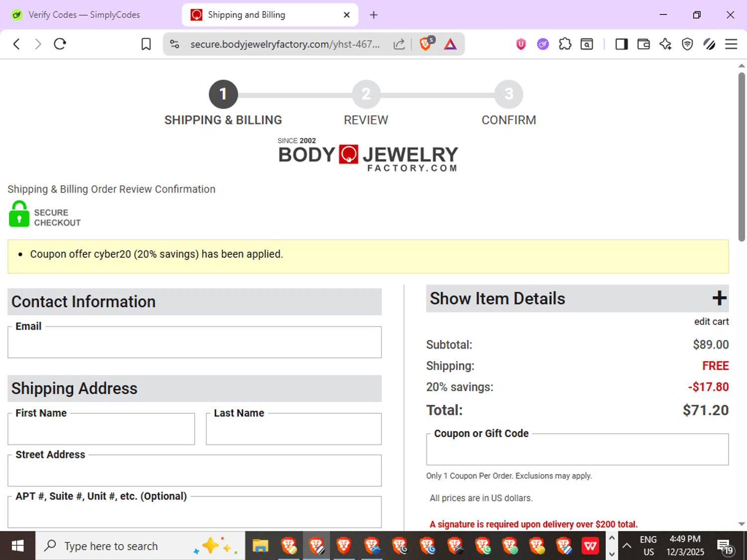 Body Jewerly Factory checkout page showing Body Jewerly Factory promo code box | Screenshot taken by SimplyCodes community member on Dec 3, 2025