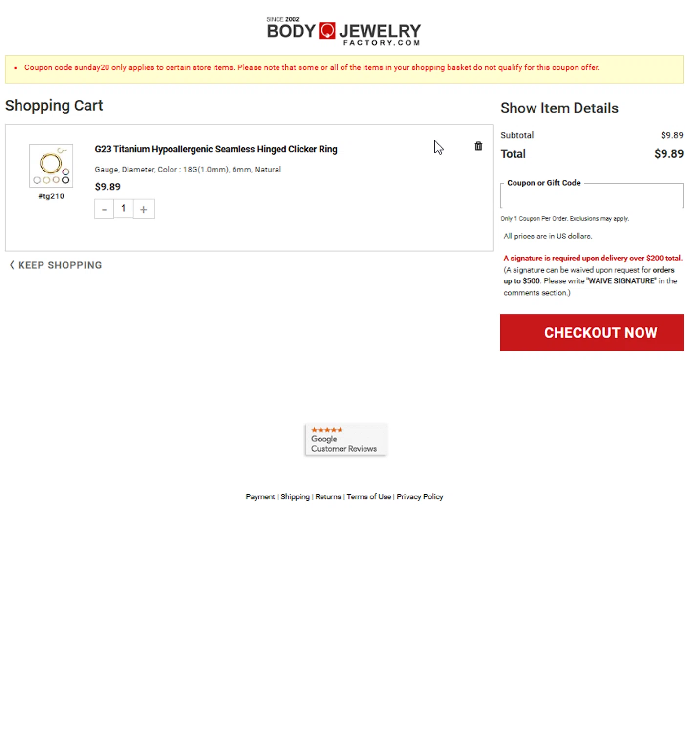 Body Jewerly Factory checkout page showing Body Jewerly Factory promo code box | Screenshot taken by SimplyCodes community member on Dec 21, 2025
