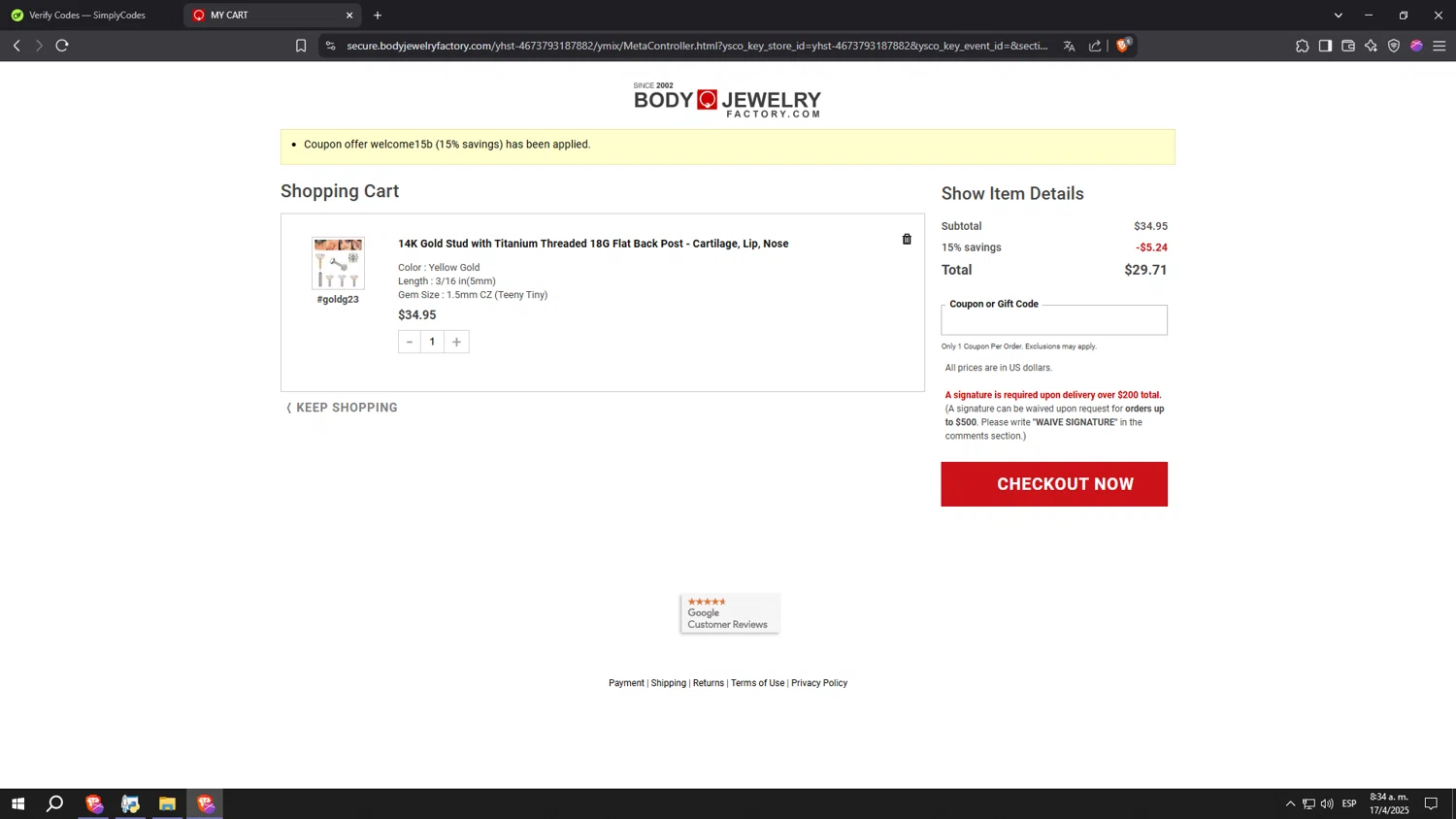 Body Jewerly Factory promo code screenshot showing code WELCOME15B applied at Body Jewerly Factory checkout page. Uploaded by SimplyCodes community member eeeeeeeeeeeeeeeeeeeeee on Apr 17, 2025