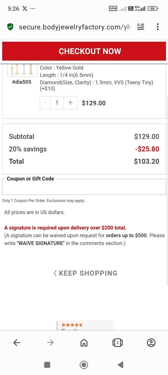 Body Jewerly Factory promo code screenshot showing code REVIEW20V1 applied at Body Jewerly Factory checkout page. Uploaded by SimplyCodes community member ELPETRO2024 on Jan 13, 2025