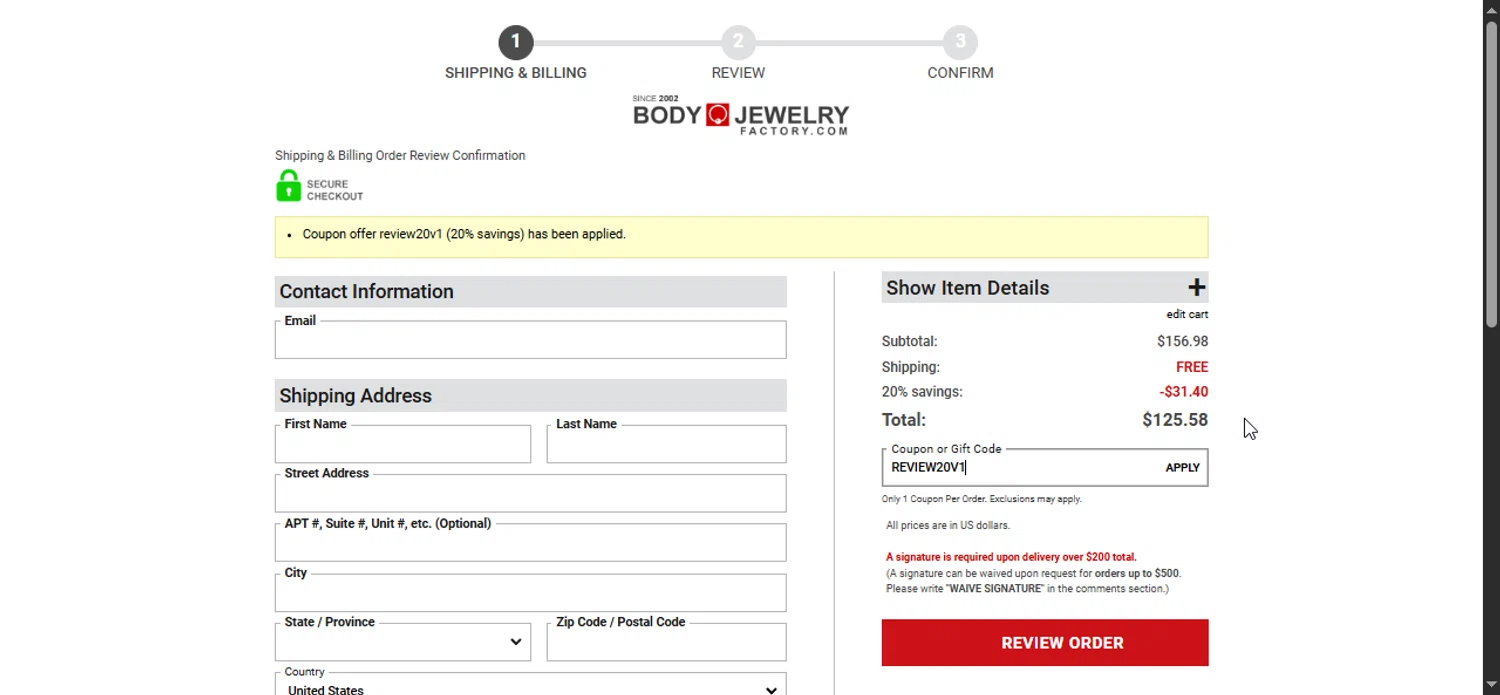 Body Jewerly Factory promo code screenshot showing code REVIEW20V1 applied at Body Jewerly Factory checkout page. Uploaded by SimplyCodes community member Prospecto on Mar 12, 2025