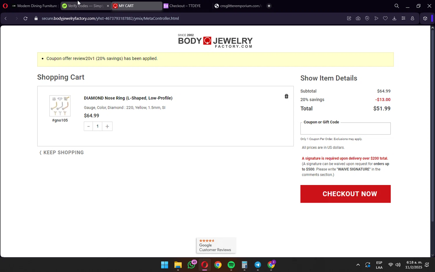Body Jewerly Factory promo code screenshot showing code REVIEW20V1 applied at Body Jewerly Factory checkout page. Uploaded by SimplyCodes community member wednesday on Feb 11, 2025