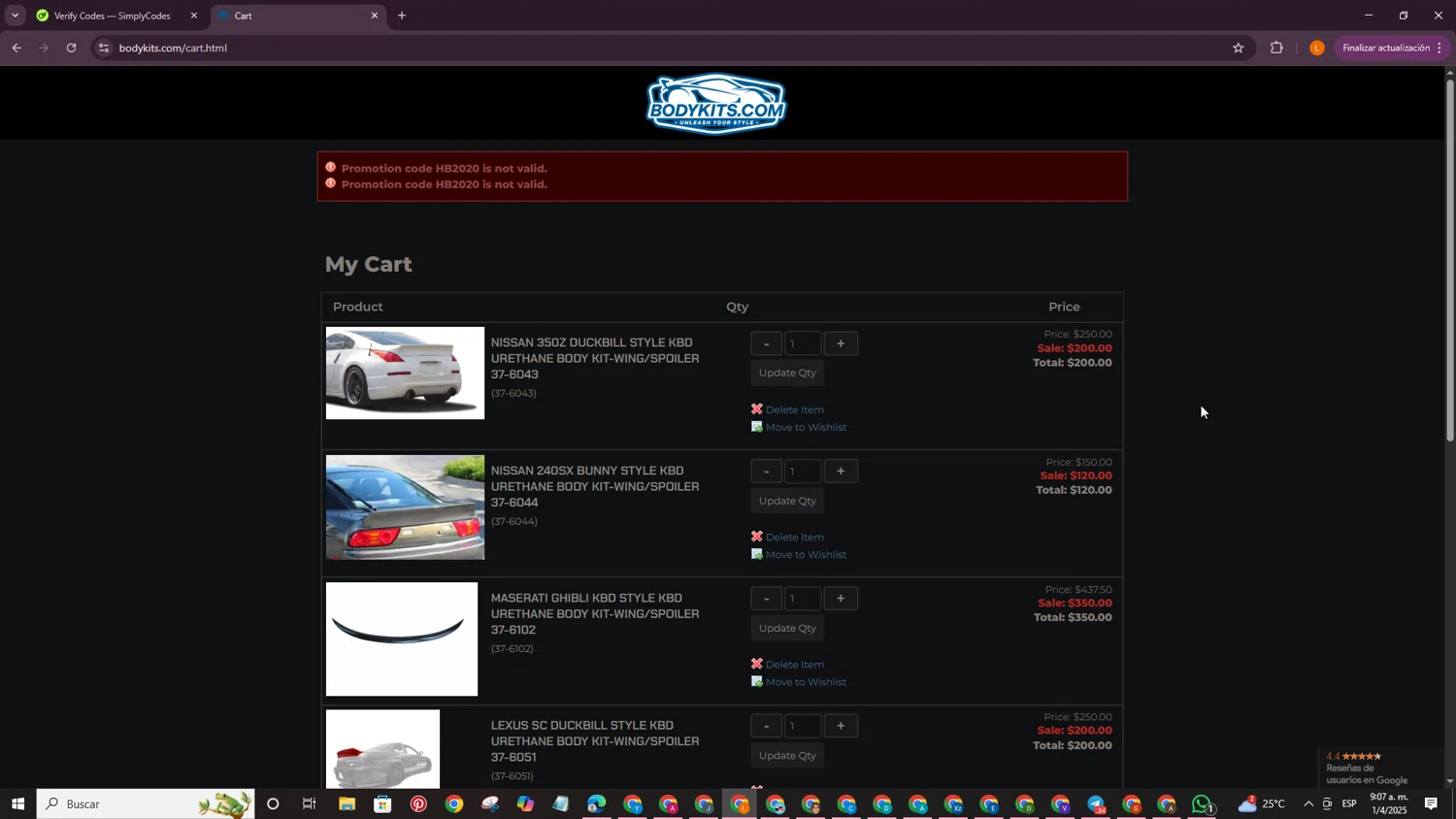 Body Kits promo code screenshot showing code HB2020 applied at Body Kits checkout page. Uploaded by SimplyCodes community member PrimeCaptain3418 on Apr 1, 2025