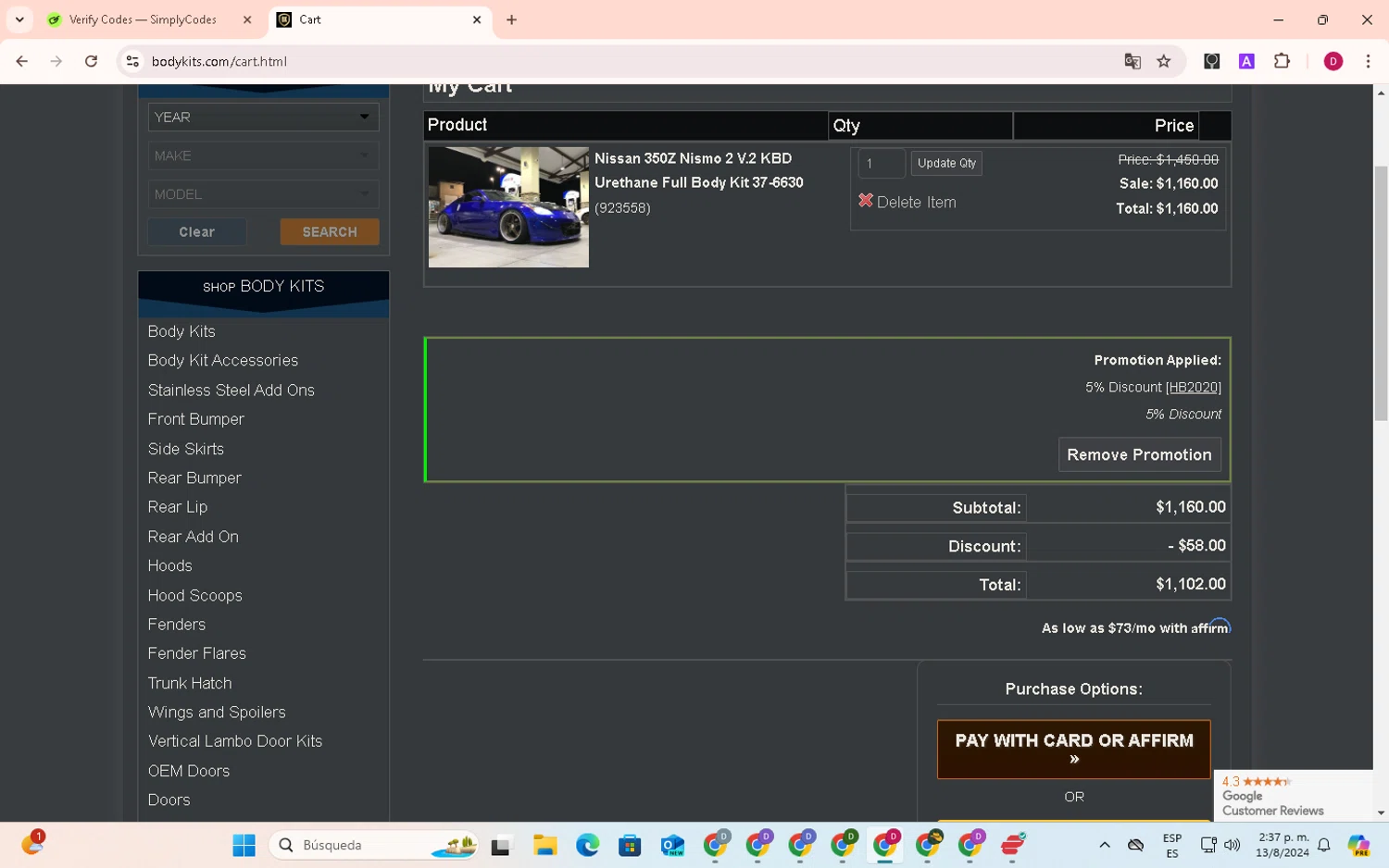 Body Kits checkout page showing Body Kits promo code box | Screenshot taken by SimplyCodes community member on Aug 13, 2024
