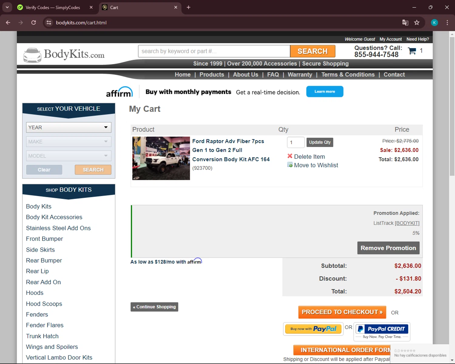 Body Kits checkout page showing Body Kits promo code box | Screenshot taken by SimplyCodes community member on Jun 5, 2024
