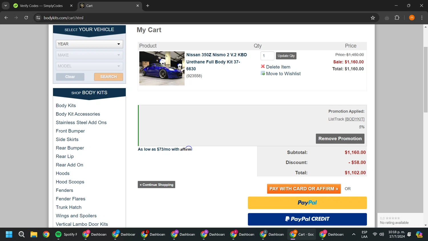 Body Kits checkout page showing Body Kits promo code box | Screenshot taken by SimplyCodes community member on Jul 18, 2024