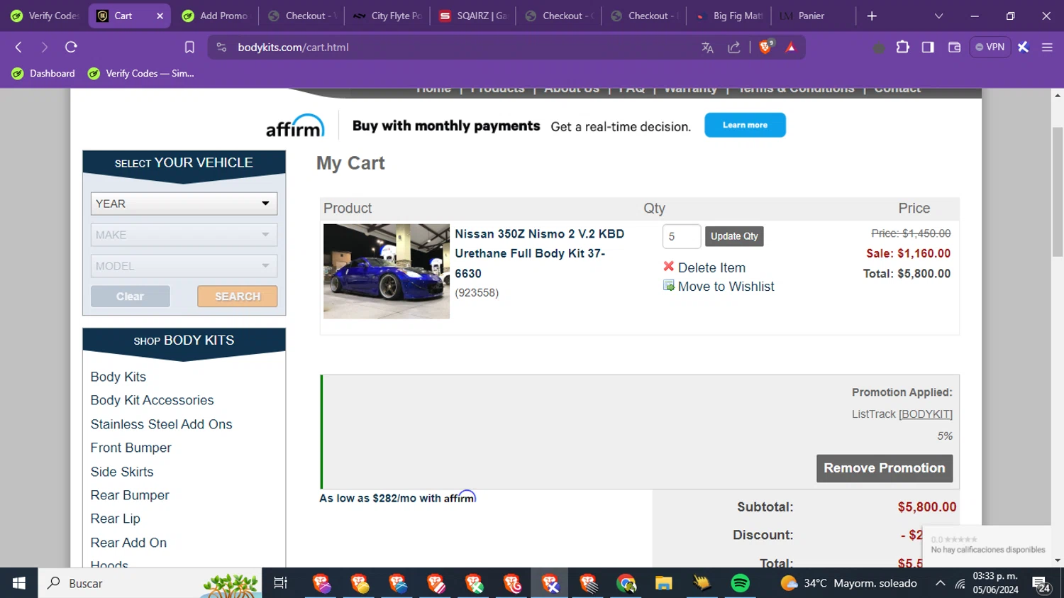 Body Kits checkout page showing Body Kits promo code box | Screenshot taken by SimplyCodes community member on Jun 5, 2024