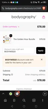 Bodyography Cosmetics coupon verification screenshot