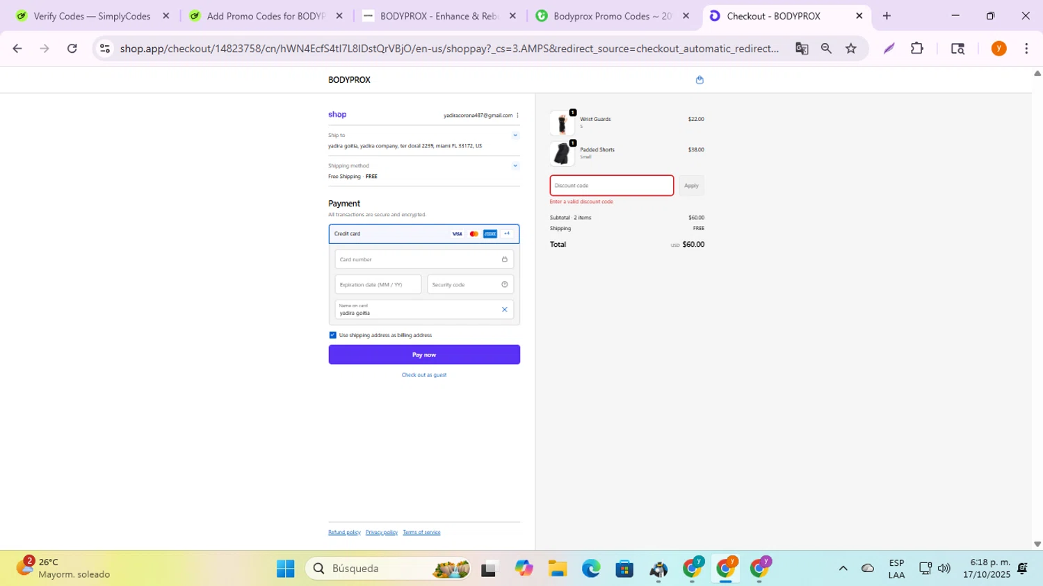 BODYPROX promo code screenshot showing code 20SHELBY19 applied at BODYPROX checkout page. Uploaded by SimplyCodes community member ycg487 on Oct 17, 2025