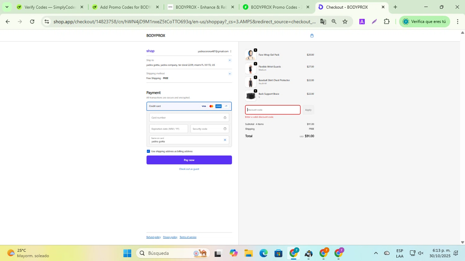 BODYPROX promo code screenshot showing code SPRING10 applied at BODYPROX checkout page. Uploaded by SimplyCodes community member ycg487 on Oct 30, 2025