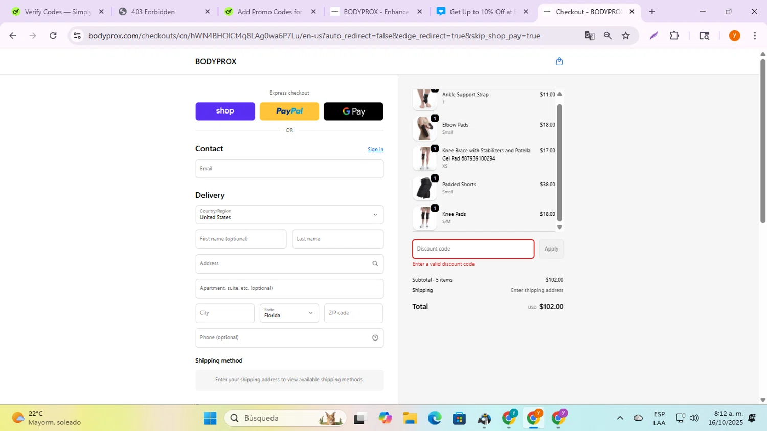 BODYPROX promo code screenshot showing code SPRING10 applied at BODYPROX checkout page. Uploaded by SimplyCodes community member ycg487 on Oct 16, 2025