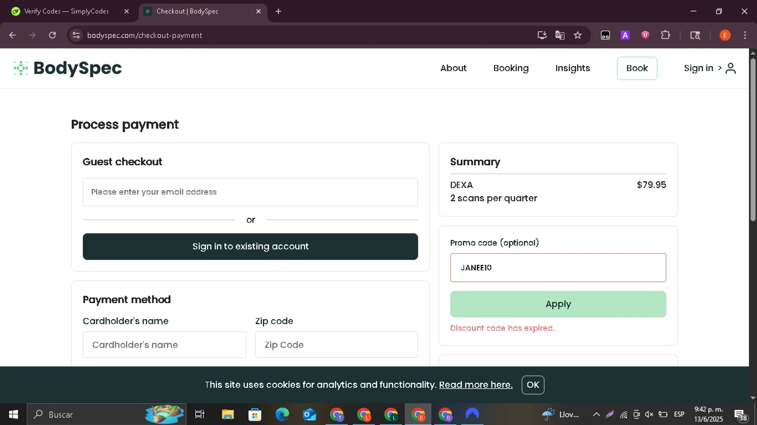 BodySpec promo code screenshot showing code JANEE10 applied at BodySpec checkout page. Uploaded by SimplyCodes community member BrilliantSage8401 on Jun 14, 2025