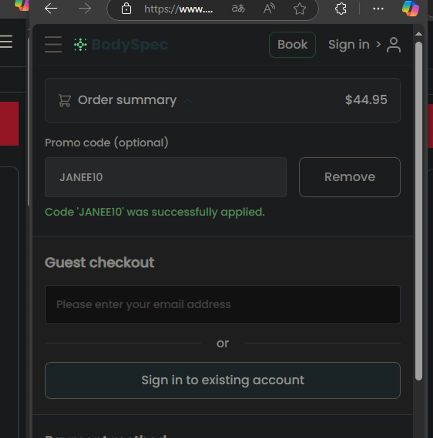 BodySpec checkout page showing BodySpec promo code box | Screenshot taken by SimplyCodes community member on Apr 4, 2025