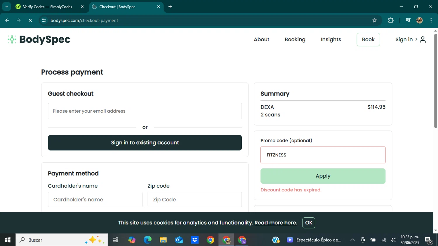 BodySpec promo code screenshot showing code FITZNESS applied at BodySpec checkout page. Uploaded by SimplyCodes community member PromoHero2320 on Jul 1, 2025