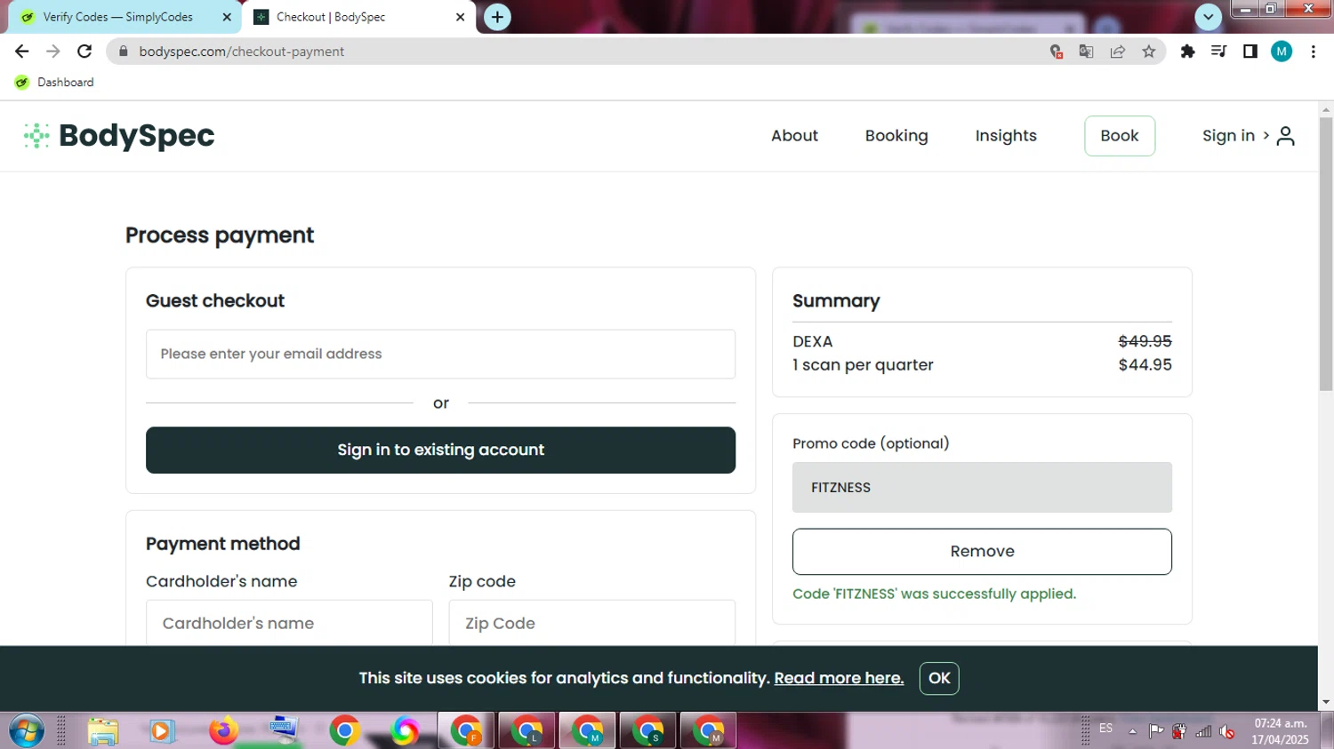 BodySpec checkout page showing BodySpec promo code box | Screenshot taken by SimplyCodes community member on Apr 17, 2025