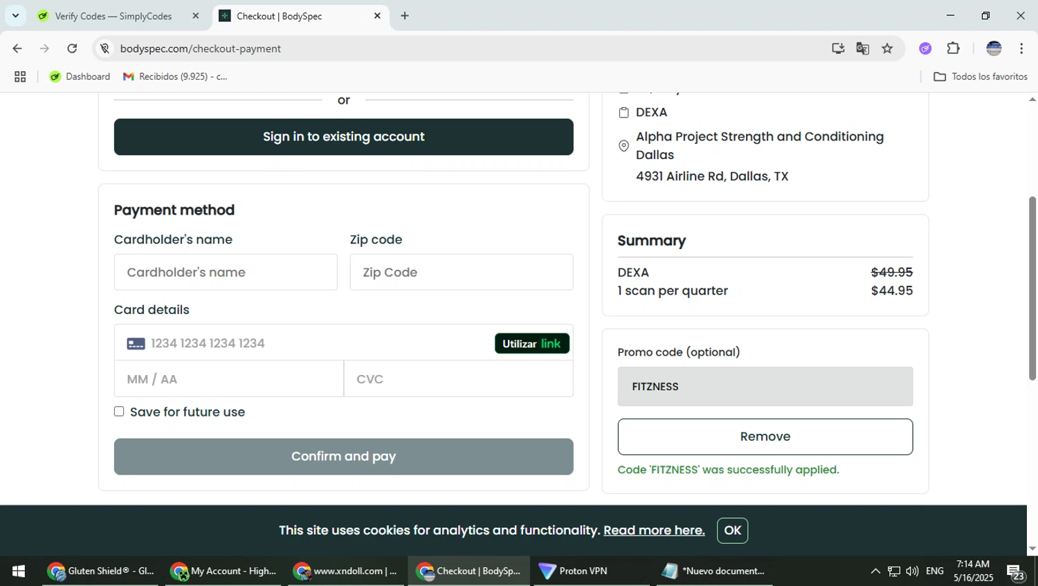 BodySpec promo code screenshot showing code FITZNESS applied at BodySpec checkout page. Uploaded by SimplyCodes community member TrevorPhilips on May 16, 2025