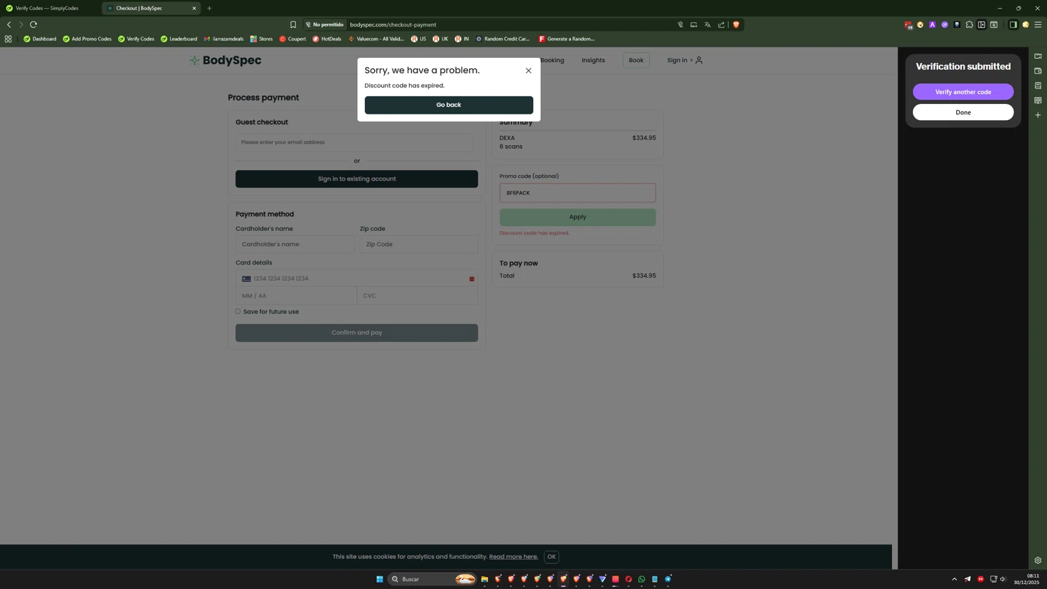 BodySpec promo code screenshot showing code BF6PACK applied at BodySpec checkout page. Uploaded by SimplyCodes community member HiddenPulse7619 on Dec 30, 2025