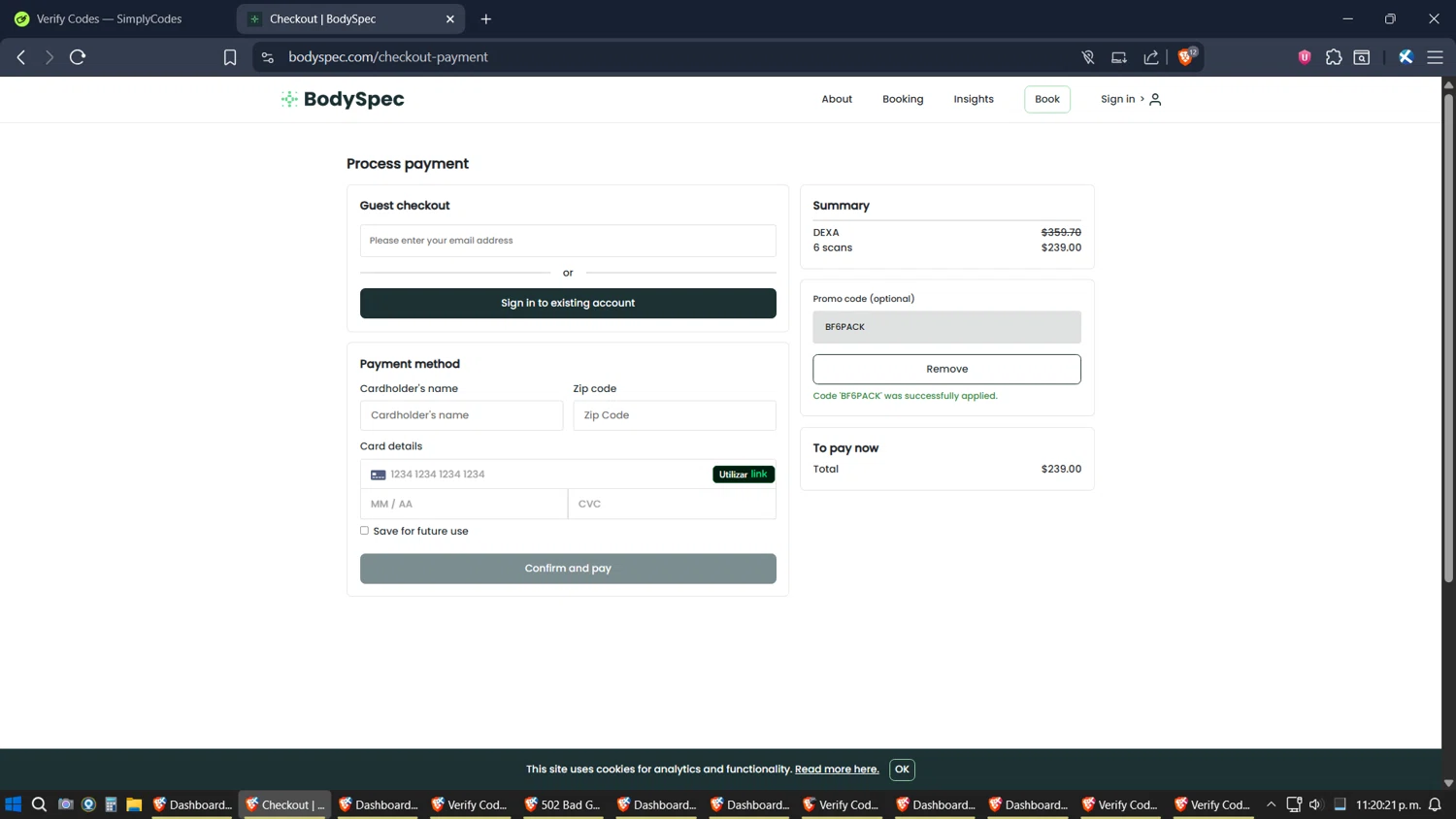 BodySpec promo code screenshot showing code BF6PACK applied at BodySpec checkout page. Uploaded by SimplyCodes community member verifier_983798000 on Nov 15, 2025