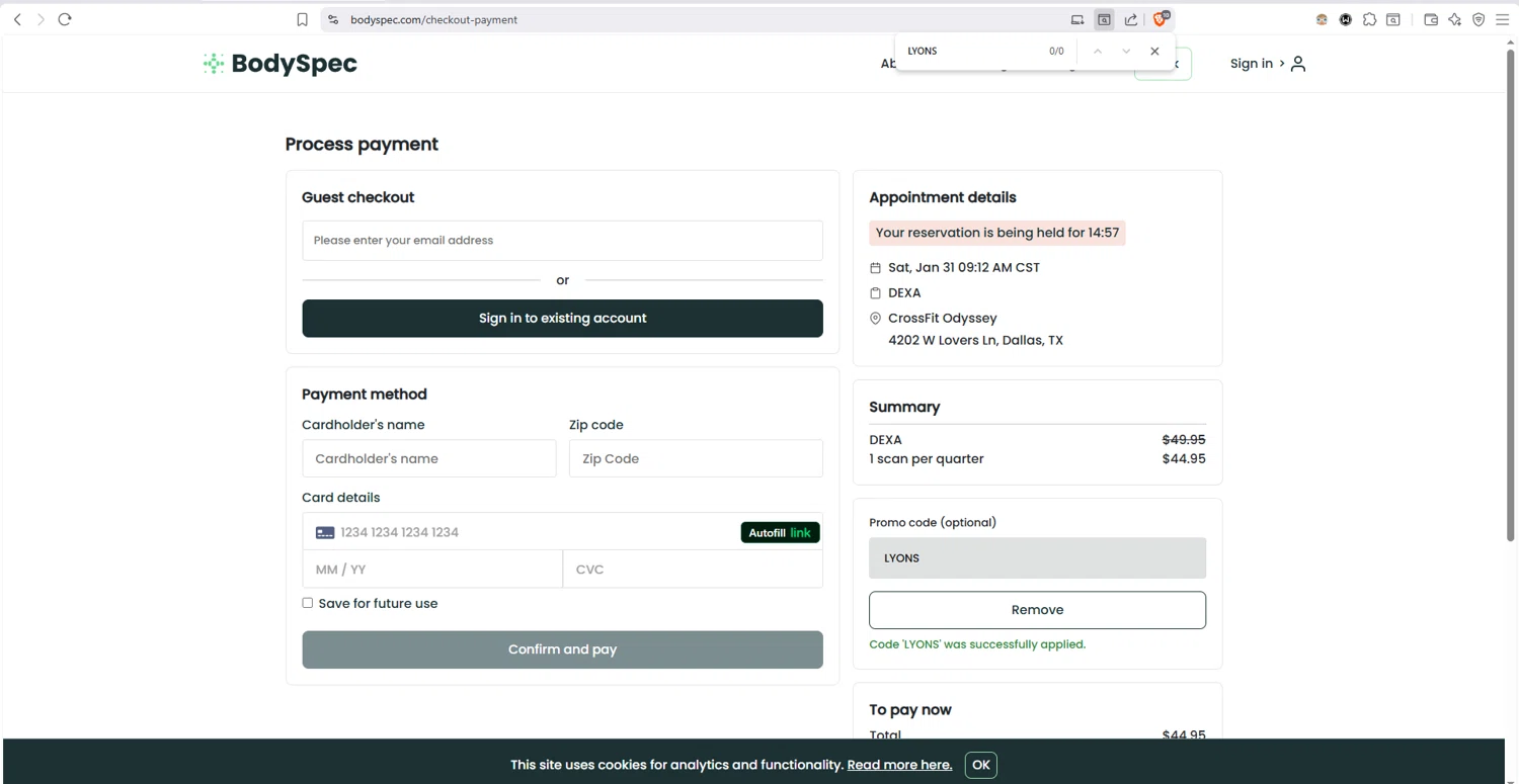 BodySpec checkout page showing BodySpec promo code box | Screenshot taken by SimplyCodes community member on Jan 4, 2026