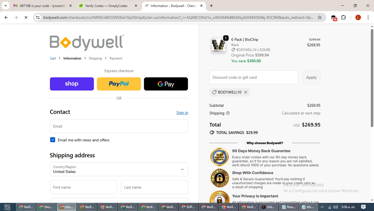 Bodywell discount code screenshot showing code BODYWELL10 applied at Bodywell checkout page. Uploaded by SimplyCodes community member BonusHero9692 on Nov 15, 2025