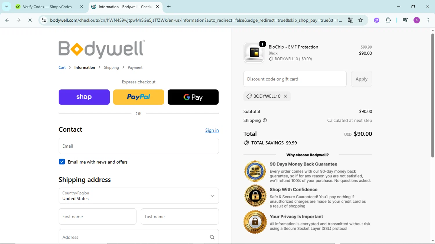 Bodywell discount code screenshot showing code BODYWELL10 applied at Bodywell checkout page. Uploaded by SimplyCodes community member PennyBoss9589 on Oct 23, 2025