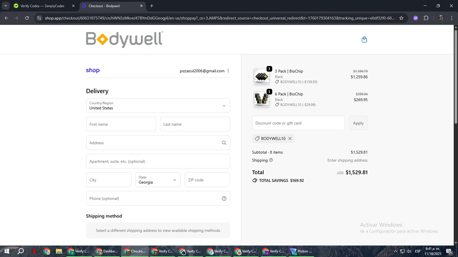Bodywell discount code screenshot showing code BODYWELL10 applied at Bodywell checkout page. Uploaded by SimplyCodes community member xxdddd on Oct 11, 2025