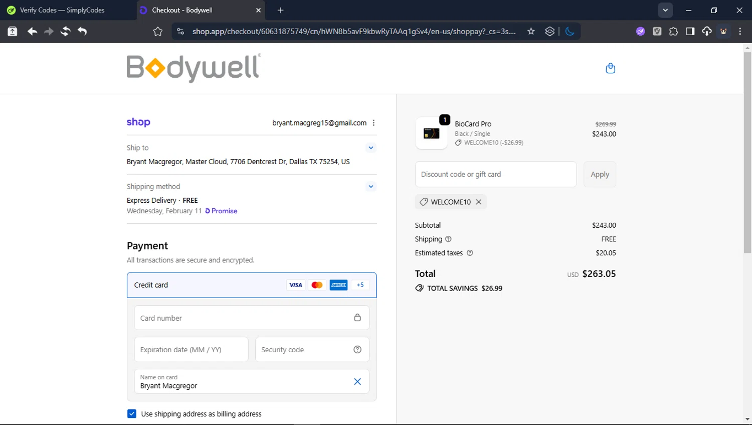 Bodywell discount code screenshot showing code welcome10 applied at Bodywell checkout page. Uploaded by SimplyCodes community member USER_RANDON on Feb 9, 2026