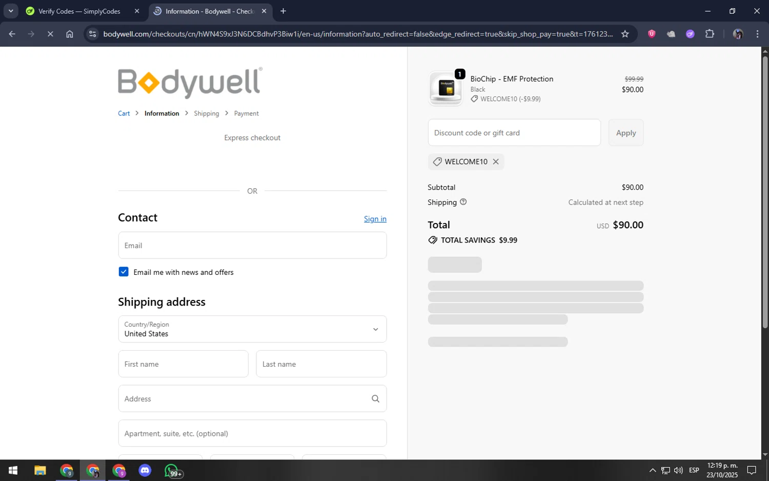 Bodywell discount code screenshot showing code welcome10 applied at Bodywell checkout page. Uploaded by SimplyCodes community member akamiguel on Oct 23, 2025