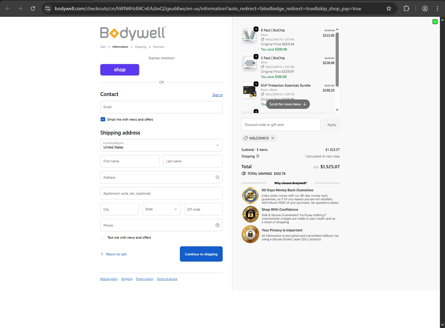 Bodywell discount code screenshot showing code welcome10 applied at Bodywell checkout page. Uploaded by SimplyCodes community member luffyreturn on Oct 19, 2025