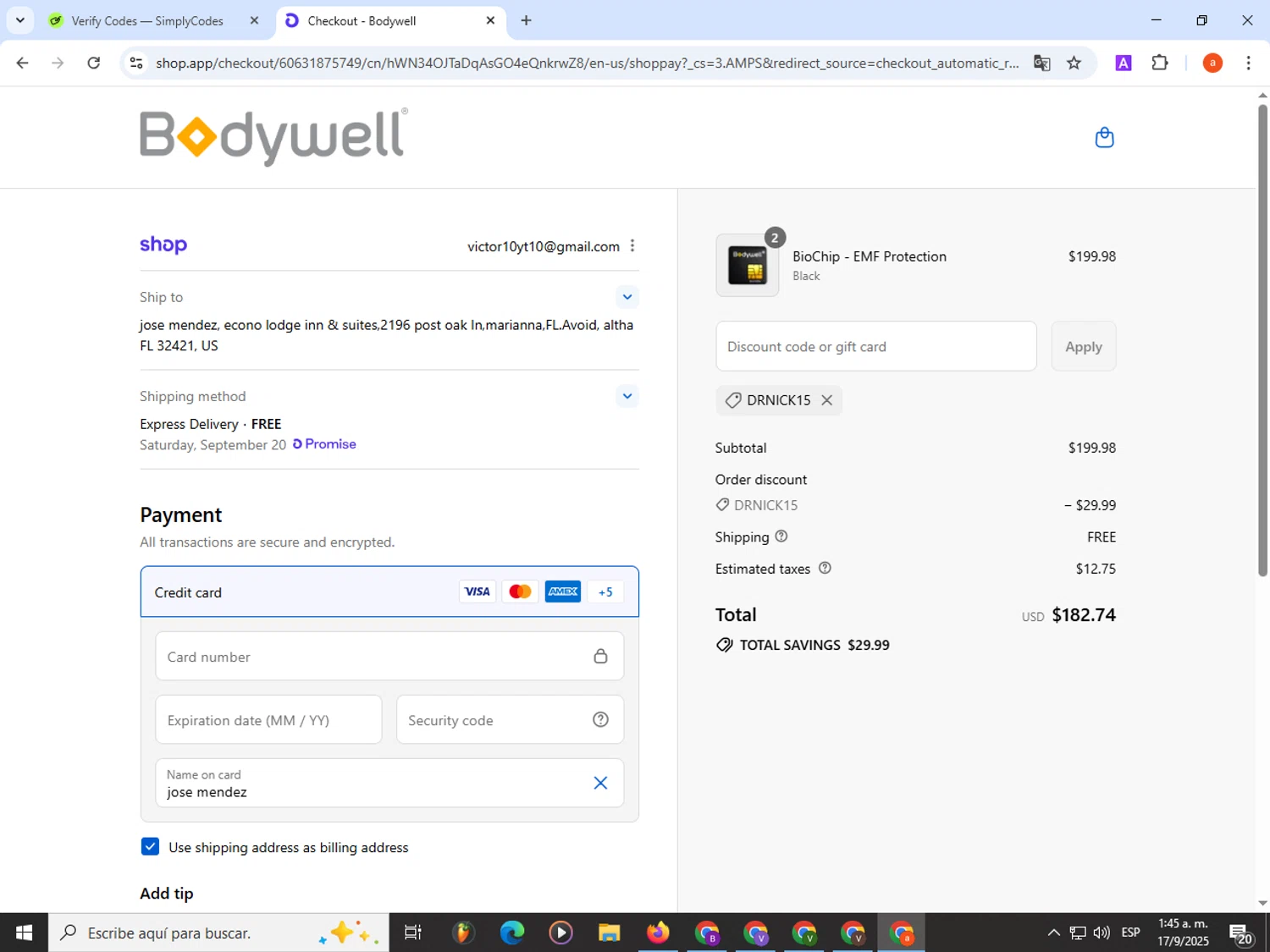 Bodywell discount code screenshot showing code DRNICK15 applied at Bodywell checkout page. Uploaded by SimplyCodes community member partenalgas on Sep 17, 2025