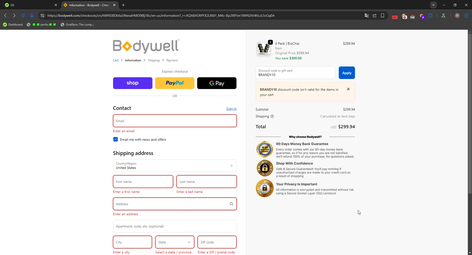 Bodywell discount code screenshot showing code BRANDY10 applied at Bodywell checkout page. Uploaded by SimplyCodes community member CrownPro3073 on Nov 11, 2025