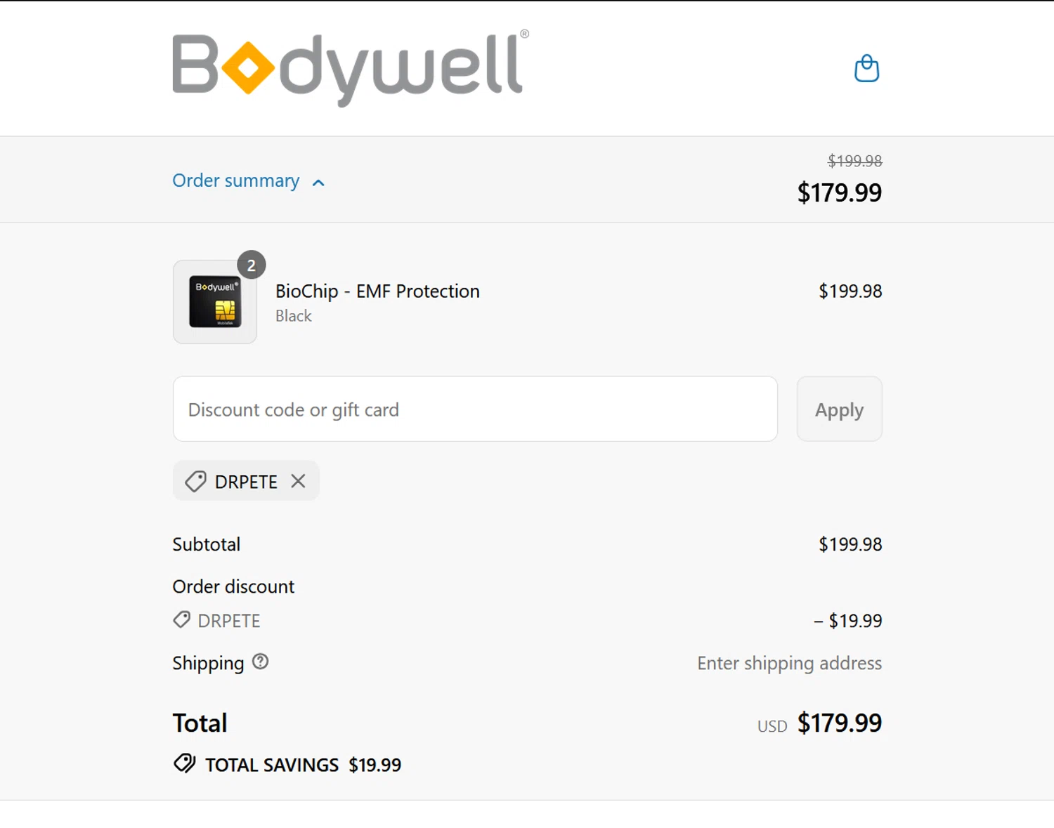 Bodywell discount code screenshot showing code drpete applied at Bodywell checkout page. Uploaded by SimplyCodes community member ValiantLion5897 on Aug 1, 2025