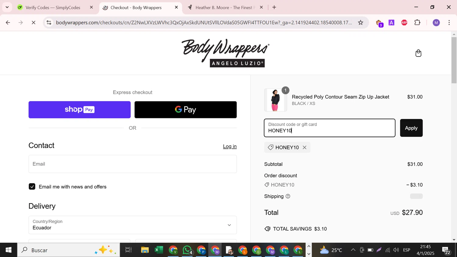 Body Wrappers discount code screenshot showing code HONEY10 applied at Body Wrappers checkout page. Uploaded by SimplyCodes community member CouponCollector598 on Jan 5, 2025