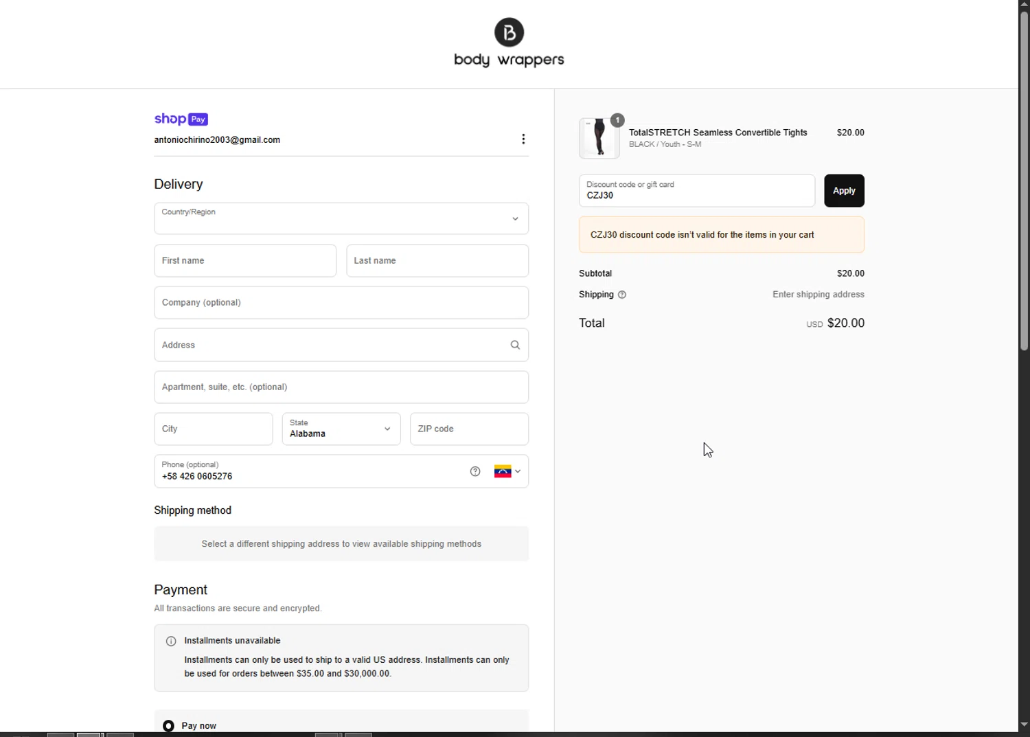 Body Wrappers discount code screenshot showing code CZJ30 applied at Body Wrappers checkout page. Uploaded by SimplyCodes community member Heibk201 on Jun 20, 2025