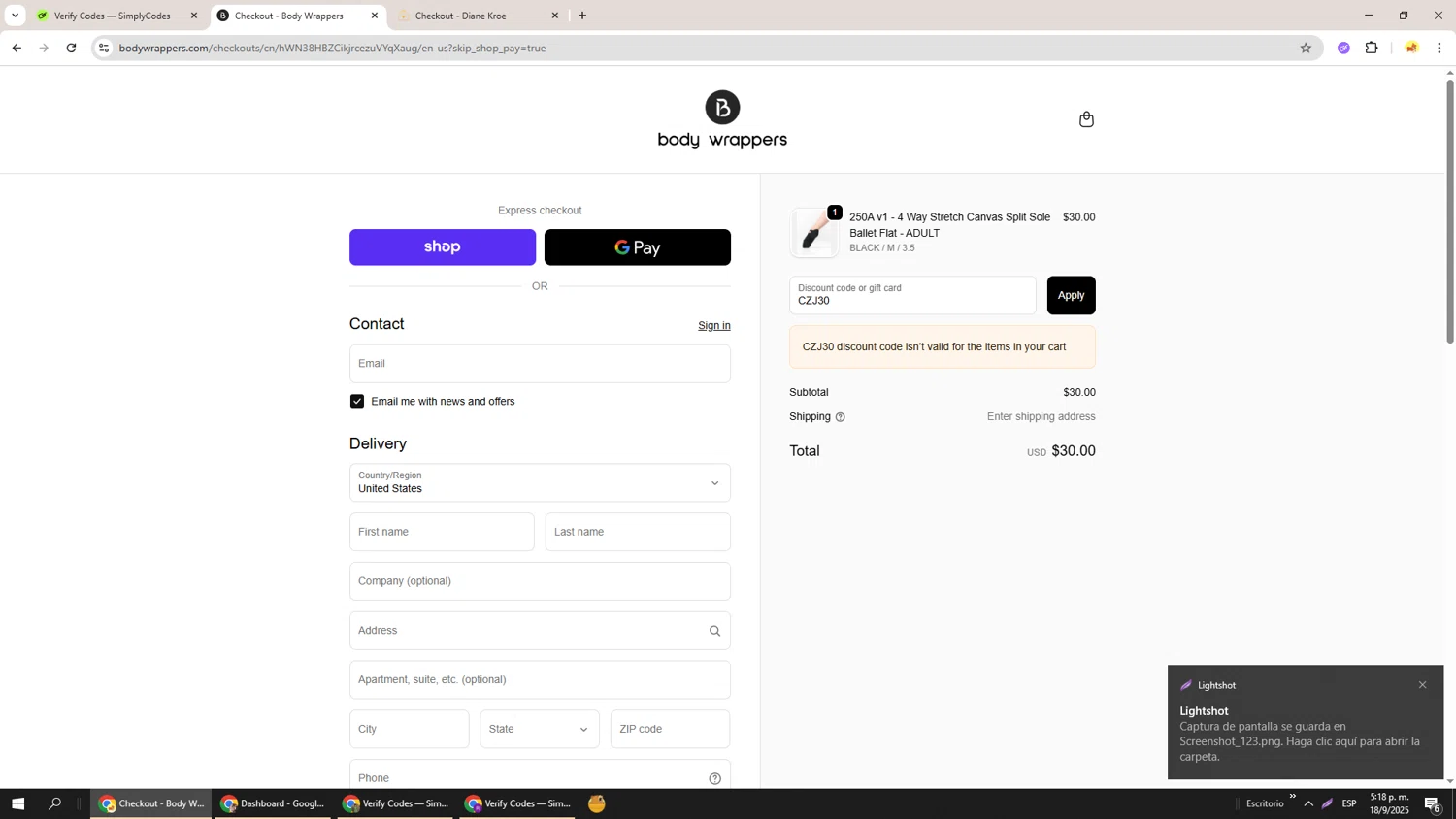Body Wrappers discount code screenshot showing code CZJ30 applied at Body Wrappers checkout page. Uploaded by SimplyCodes community member Richard251 on Sep 18, 2025