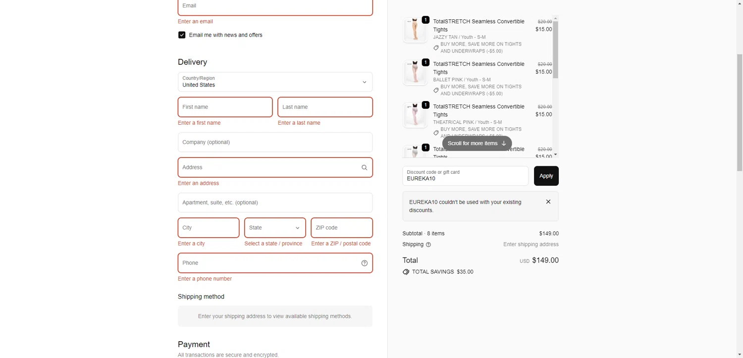 Body Wrappers discount code screenshot showing code EUREKA10 applied at Body Wrappers checkout page. Uploaded by SimplyCodes community member PennyRanger8219 on Nov 6, 2025