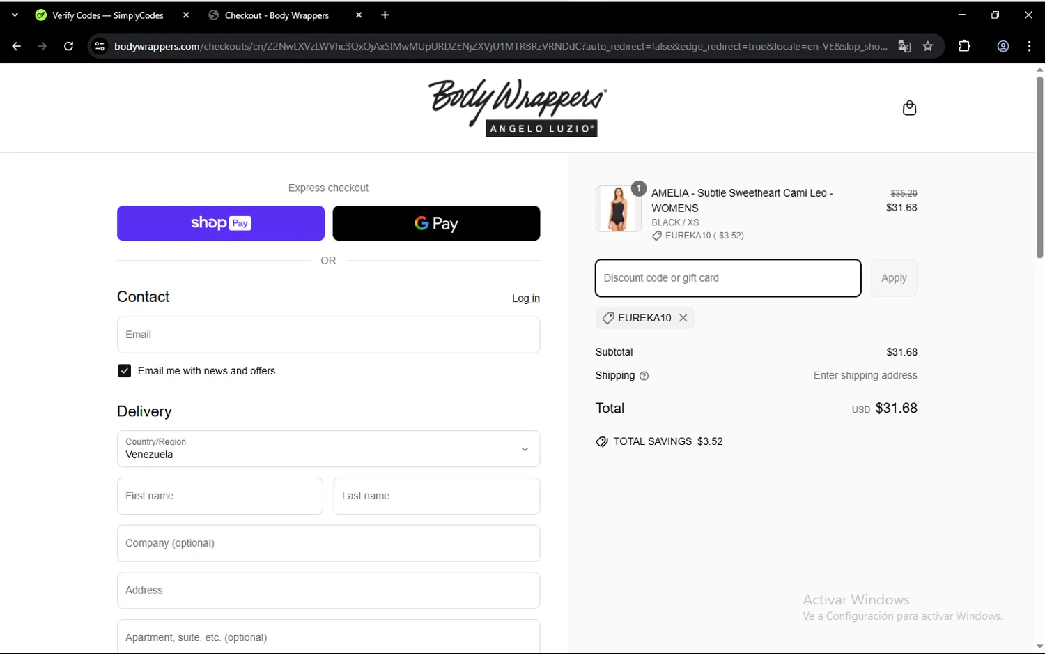 Body Wrappers discount code screenshot showing code EUREKA10 applied at Body Wrappers checkout page. Uploaded by SimplyCodes community member aleixmase on Apr 16, 2025
