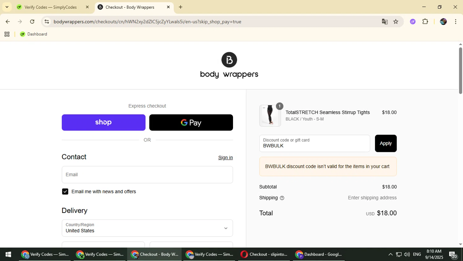 Body Wrappers discount code screenshot showing code BWBULK applied at Body Wrappers checkout page. Uploaded by SimplyCodes community member Typhlosion on Sep 14, 2025