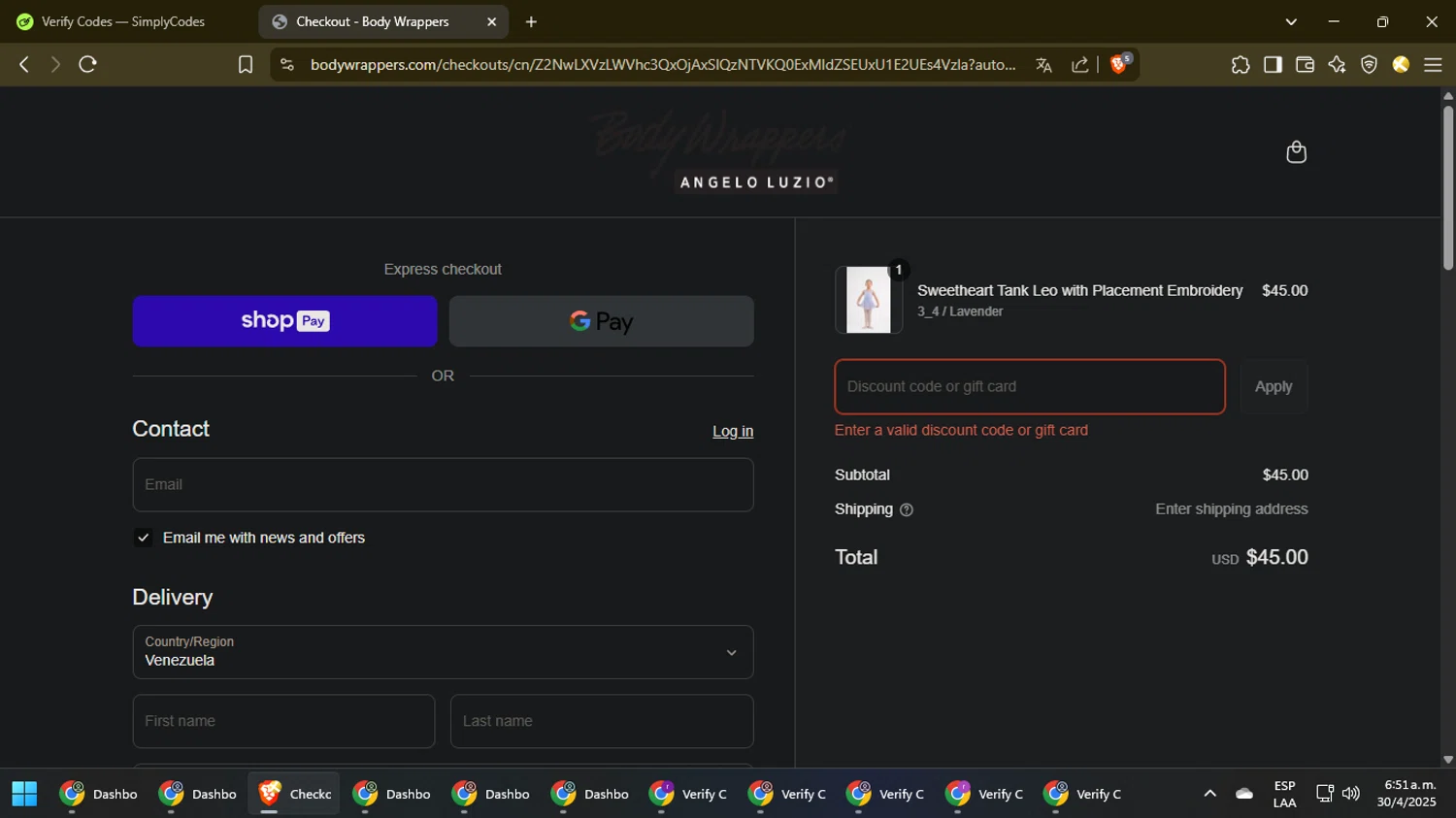 Body Wrappers discount code screenshot showing code easter25 applied at Body Wrappers checkout page. Uploaded by SimplyCodes community member NoblePilot5885 on Apr 30, 2025