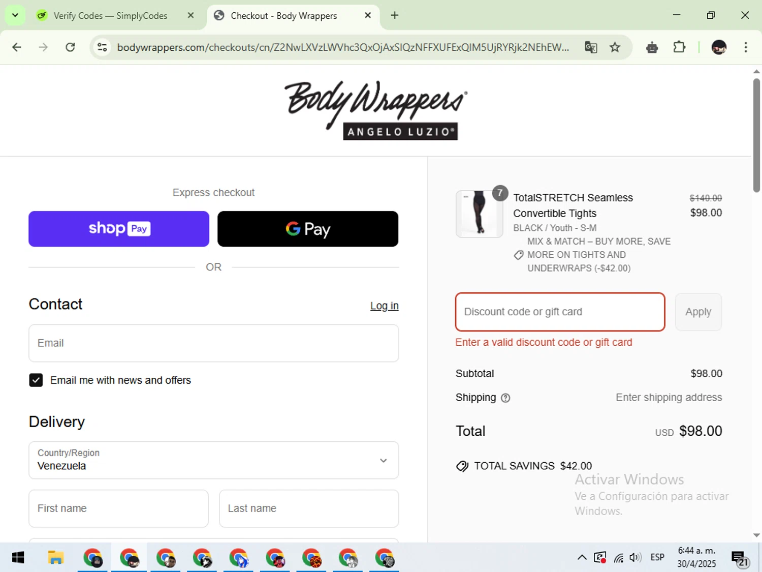 Body Wrappers discount code screenshot showing code easter25 applied at Body Wrappers checkout page. Uploaded by SimplyCodes community member WonderCurator791 on Apr 30, 2025